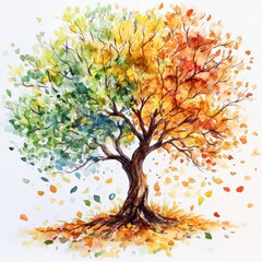 Fototapeta premium Watercolor Tree Showing Four Seasons in One Illustration