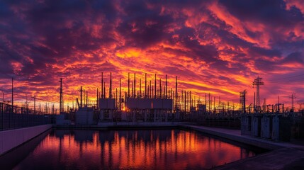 Naklejka premium Dramatic sunset behind an industrial power station with silhouettes of transmission towers reflected in still waters.