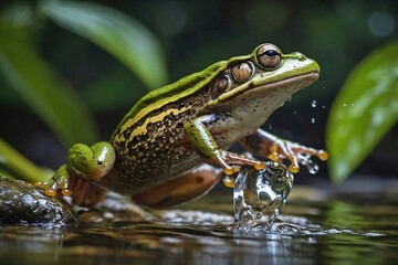 Fototapeta premium Frog Leaping Over a Stream in a Lush Tropical Rainforest