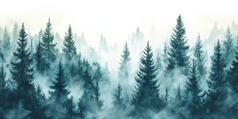 Obraz premium Misty Spruce Forest with Tall Trees Disappearing into Fog