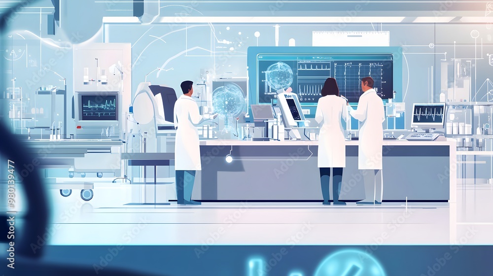 Poster three scientists working in a modern laboratory with advanced equipment