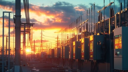 Modern industrial power station at sunset, showcasing rows of electrical equipment and infrastructure against a colorful sky.