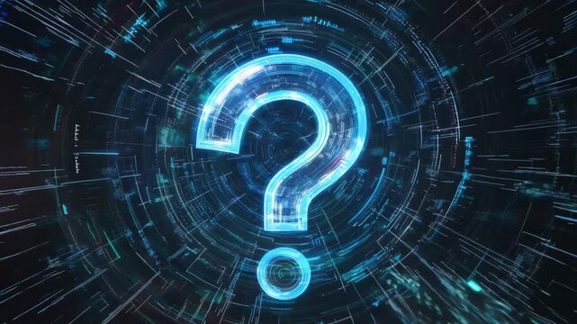 Futuristic Glowing Question Mark with Neon Lights and Digital Effects