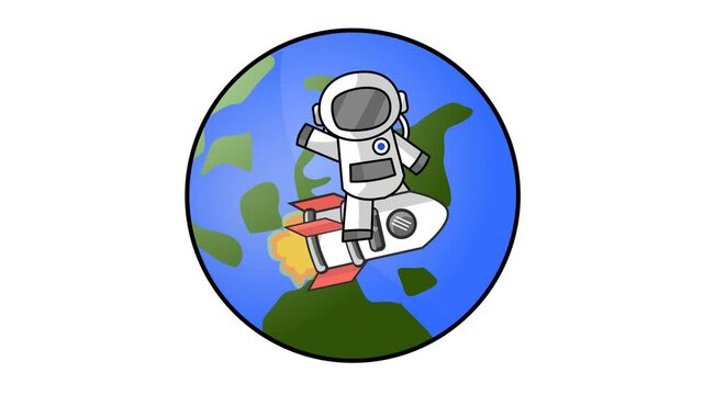 A cute astronaut cartoon character riding a rocket above the earth rotates the background animation. Seamless looping. Alpha channel