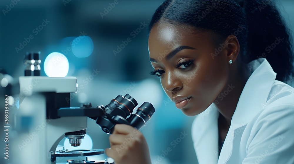Poster focused scientist examining a sample under a microscope in a laboratory