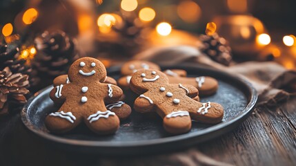 Delicious gingerbread man cookies on a rustic wooden table with warm lighting, surrounded by festive holiday decorations, creating a cozy and joyful atmosphere during the holiday season