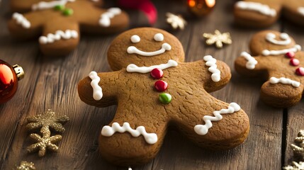 Fototapeta premium Delicious gingerbread man cookies on a rustic wooden table with warm lighting, surrounded by festive holiday decorations, creating a cozy and joyful atmosphere during the holiday season