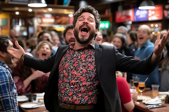 A musical number in a crowded restaurant, where the lead character suddenly breaks into song and dance, with the patrons joining in