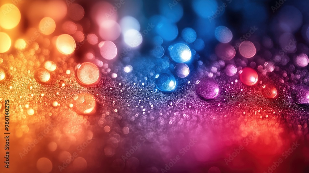 Poster colorful water droplets on glass surface with bokeh effect in vibrant warm and cool tones for abstra