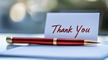 A red pen lies next to a white card with the words "Thank You" written in red ink.