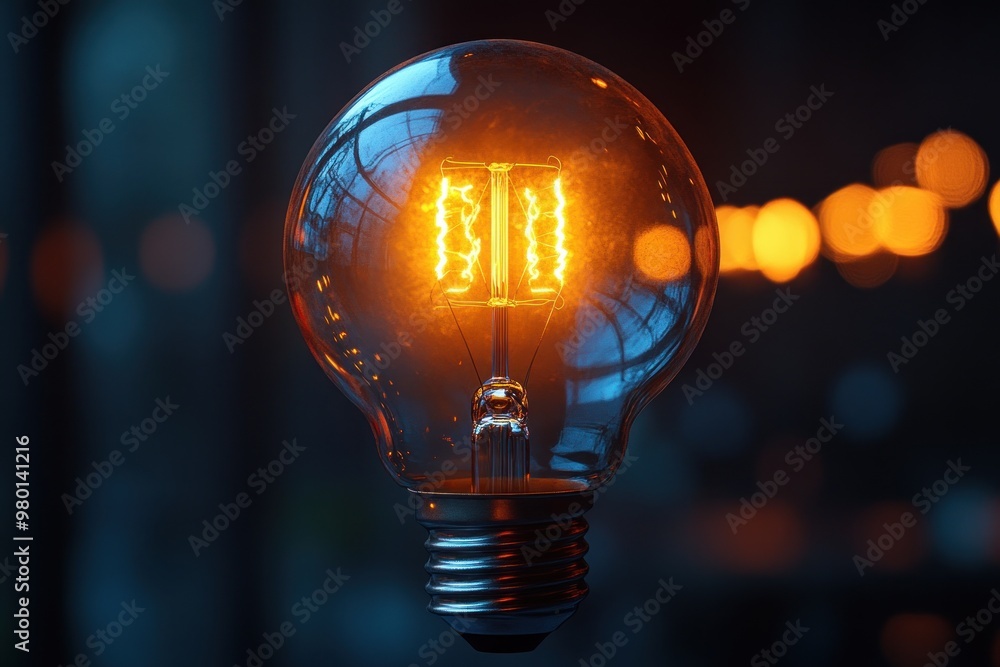 Poster glowing light bulb with bokeh background