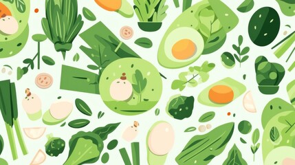 Minimalist Decorative Abstract Illustration Featuring Green Veggies, Cheese, and Eggs, Perfect for a Healthy Food Concept  