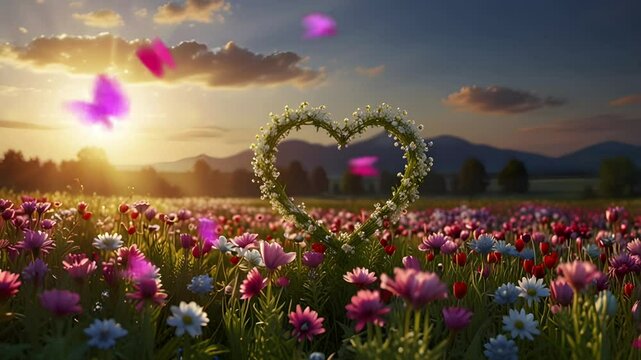 Heart-shaped flower decoration in the middle of the flower garden. Seamless 4K looping timelapse video animation background