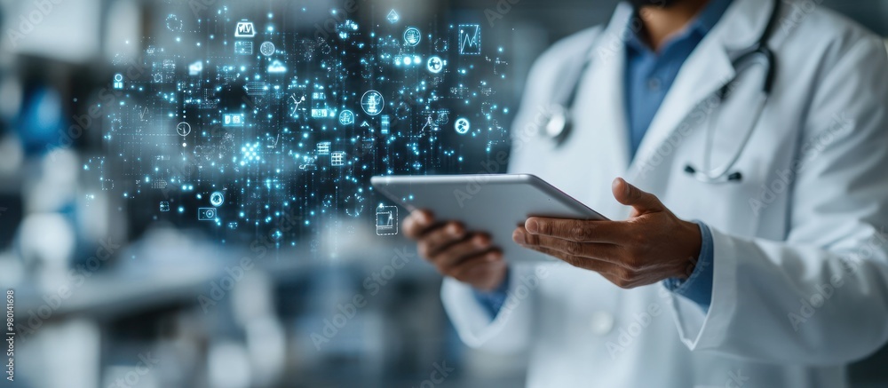 Aufkleber doctor using digital tablet with data visualization