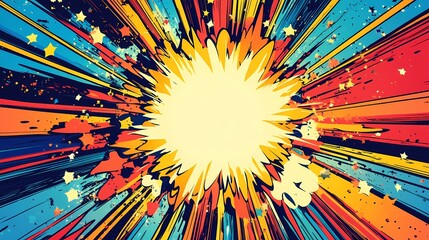 Fototapeta premium Colorful Comic Book Explosion Background with Stars and Lines