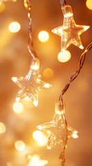 Glowing star-shaped string lights with soft golden bokeh background. Festive Christmas decor.