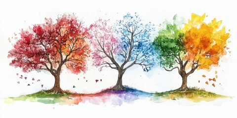 Obraz premium Watercolor Tree Showing Four Seasons in One Illustration