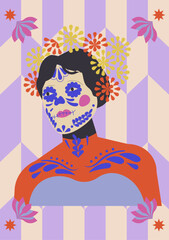 Ilustración vectorial colorida de mujer maquillada como catrina. Celebración de día de muertos en México,