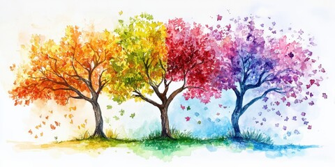 Watercolor Tree Showing Four Seasons in One Illustration