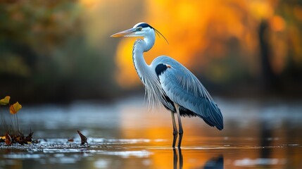 Naklejka premium A heron stands gracefully in calm waters, surrounded by autumn colors.