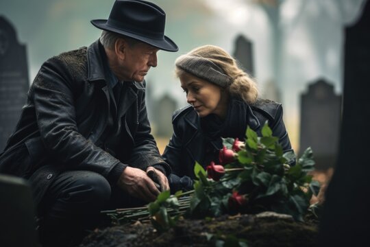 A tender farewell, a peaceful and touching farewell at a funeral, filled with love and respect for the memory of the one who has gone