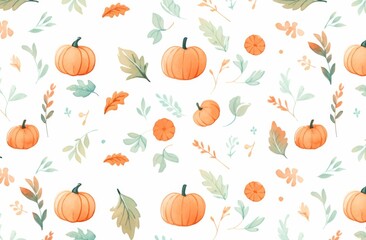 Charming Pattern of Cute Pumpkins and Leaves on a White Background, Perfect for Fall Decor and Seasonal Designs.