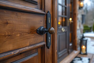 Close up of a wooden door featuring an electronic lock and magnetic key card system