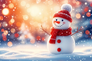 Cheerful snowman with a red hat and scarf, standing on a snowy surface with a blurred background of warm lights and falling snowflakes.