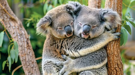 Adorable koalas hugging in an eucalyptus tree