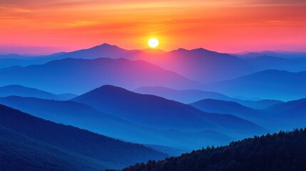 Fototapeta premium Serene sunset over layered mountains with vibrant colors.