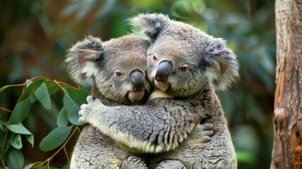 Obraz premium Adorable koalas hugging in an eucalyptus tree
