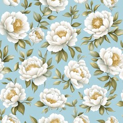 A beautiful floral pattern featuring white peonies on a soft blue background, perfect for textiles or home decor.