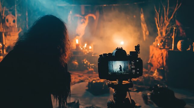 A filmmaker stands behind a camera in a darkened space filled with candles and spooky decor, capturing the unsettling atmosphere created by shadows and glowing lights during the night.