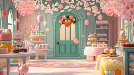 A charming bakery adorned with pastel colors, delightful confections, and whimsical decor, perfect for sweet celebrations.