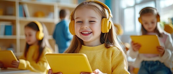 A cheerful child wearing headphones, engaging with a tablet in a bright learning space. An image of joy and modern education.