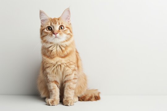 A charming orange tabby cat sitting gracefully against a light background, showcasing its playful and curious nature.