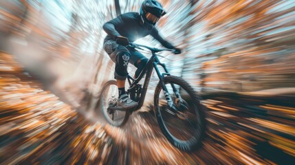 Adrenaline rush - mountain biker, capturing thrill of extreme sport, showcasing motion blur to emphasize speed, excitement, set against a backdrop of natural beauty, perfect for adventure enthusiasts