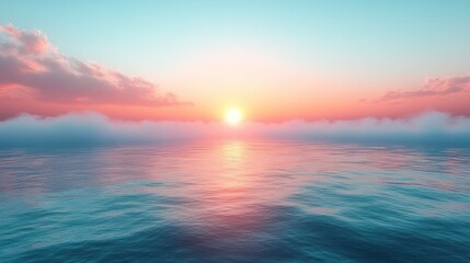 Serene sunset over calm ocean waters with soft clouds.