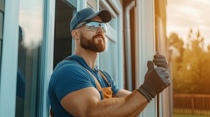 A confident construction worker stands by a window, ready for a project, showcasing strength and professionalism in his stance.