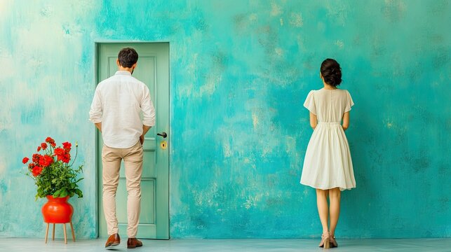 A couple stands apart in a serene setting, highlighting the themes of love, distance, and emotion against a colorful backdrop.