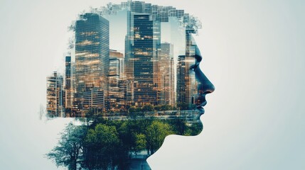 A double exposure portrait featuring a man's silhouette merged with a city skyline and greenery, symbolizing creativity and urban life.