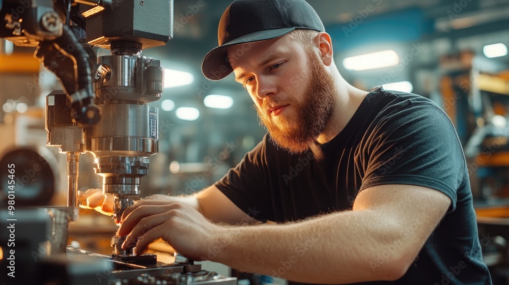 Aufkleber a focused artisan working with precision on a complex machinery part in a well-lit workshop environm