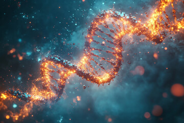 abstract DNA molecule breaking apart into smaller glowing particles, symbolizing the breakdown