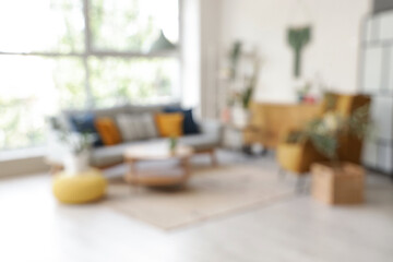 Blurred view of stylish living room with armchair, sofa and plants