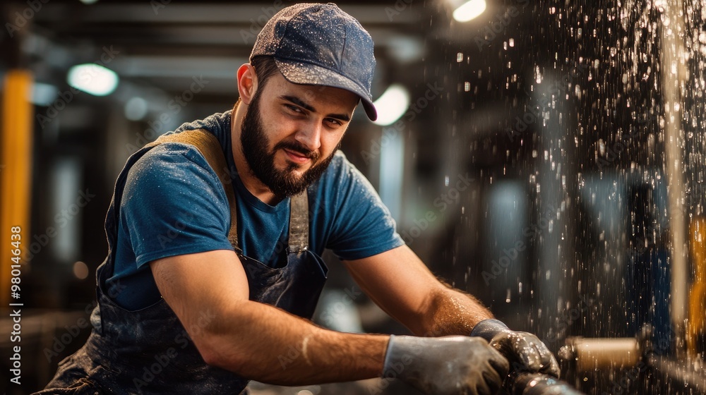 Aufkleber a focused worker in a workshop, skillfully handling machinery while surrounded by a dynamic environm