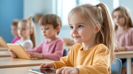 Fototapeta premium A focused young girl engaged in learning with a tablet, surrounded by classmates in a bright classroom setting.