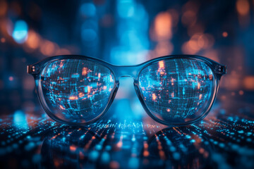 A pair of smart glasses displaying the matrix code as a holographic interface