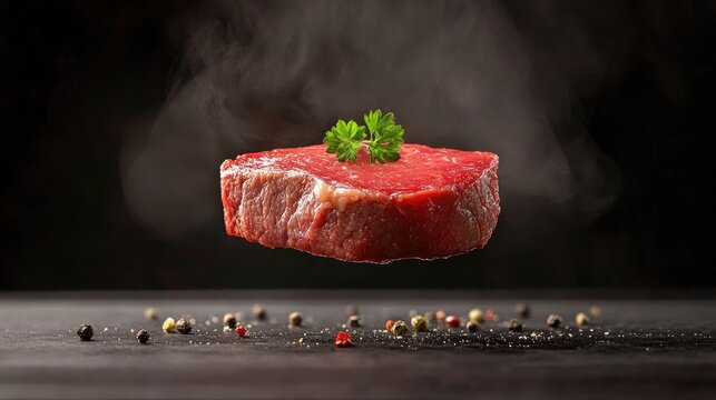 A fresh, raw steak floating above a wooden surface, garnished with parsley and surrounded by colorful peppercorns.
