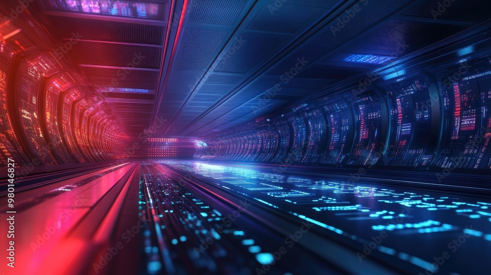 Poster a futuristic corridor with glowing lights and digital patterns, evoking a sense of advanced technolo