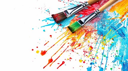 Artistic paintbrushes with colorful paint splatters on a white background